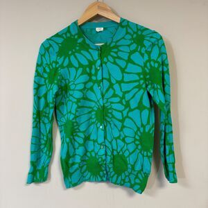 J Crew Cardigan Sweater Women's M  Floral Print Green Teal Preppy Spring Easter